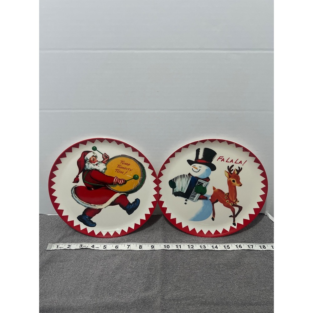 Set of 2 Christmas Melamine Plates Santa Snowman Reindeer Retro Holiday 9 Inch